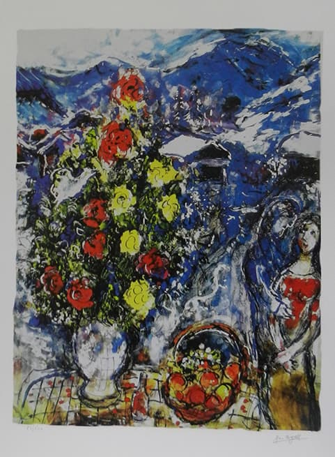 פרחים על רקע כחול מאת מארק שאגאל - ליטוגרפיות | גלריה רעות