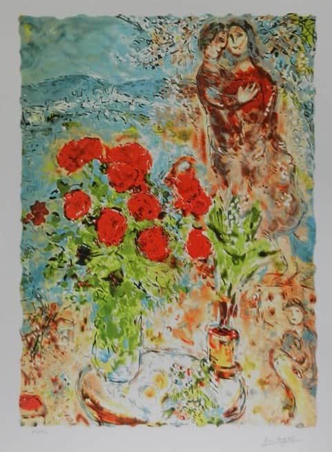 זוג ופרחים מאת מארק שאגאל - ליטוגרפיות | גלריה רעות